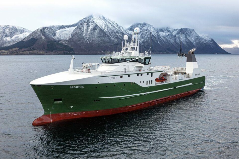 Nergård Havfiskes nyeste tråler, MS «Breidtind», er overlevert fra Vard Brattvaag. Foto: VARD/Fuglefjellet