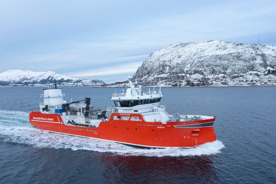 Nybygget «Skrova» er overlevert fra Aas Mek til Brønnbåt Nord. Foto: Uavpic