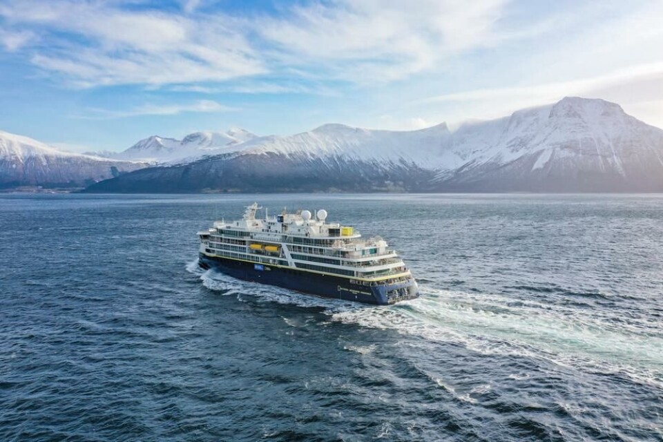 Det eksklusive cruiseskipet «National Geographic Endurance» er levert fra Ulstein Verft. Foto: Uavpic.com