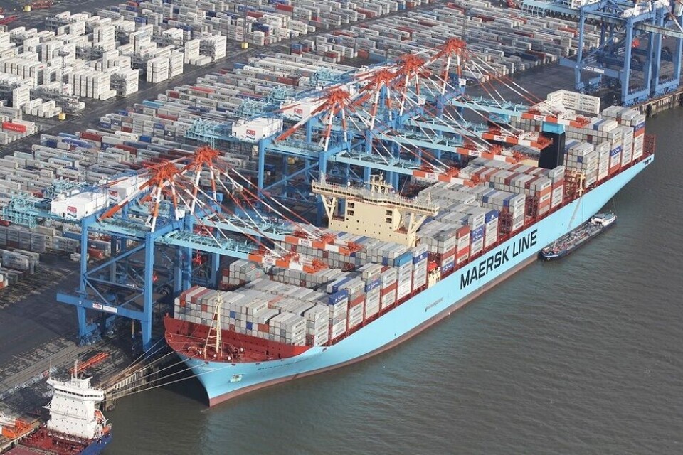 Bildet viser det første av de 20 skipene i serien, “Mærsk Mc-Kinney Møller” fotografert i Bremerhaven august 2013. Foto: Walter Rademacher / Wikipedia