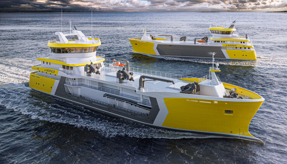 Napiers to nye prosessfartøy skal øke fiskevelferden, produktkvaliteten og biosikkerheten i transporten av laks fra oppdrettsanlegg til slakteri. Napiers to nye prosessfartøy skal øke fiskevelferden, produktkvaliteten og biosikkerheten i transporten av laks fra oppdrettsanlegg til slakteri.
