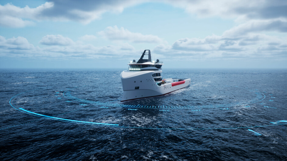 Illustrasjon av Plattform Supply Vessel (PSV) – supplyskip til olje- og gassplattformer med SeaQ Remote om bord.