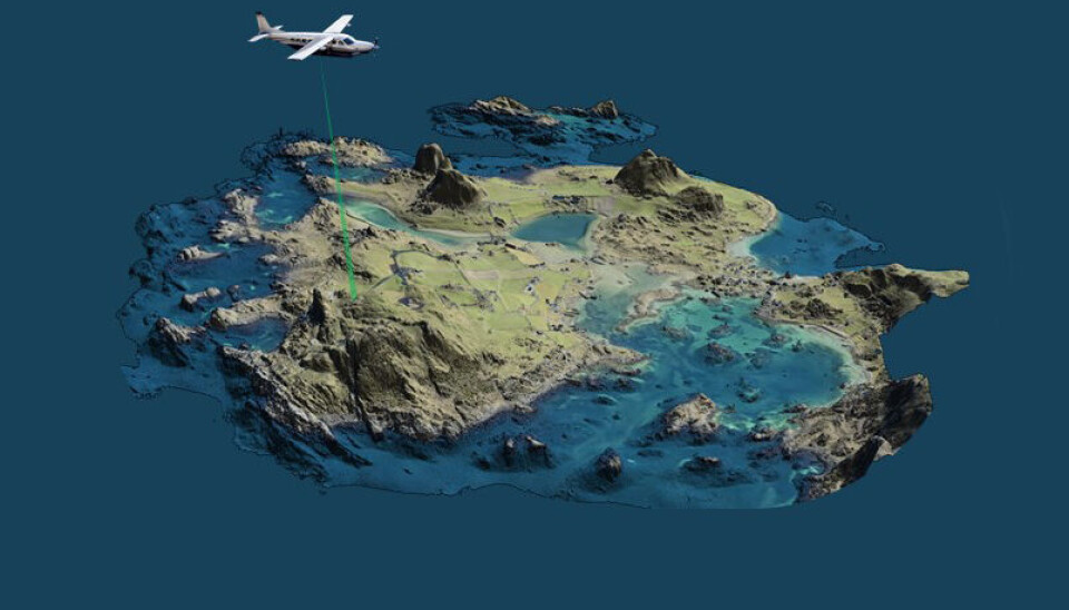 Laserskanning frå fly med bruk av Lidar-teknologi. Teknologi under uttesting som kombinerer kartlegging av landareal og grunne sjøområde. Laserskanning frå fly med bruk av Lidar-teknologi. Teknologi under uttesting som kombinerer kartlegging av landareal og grunne sjøområde.