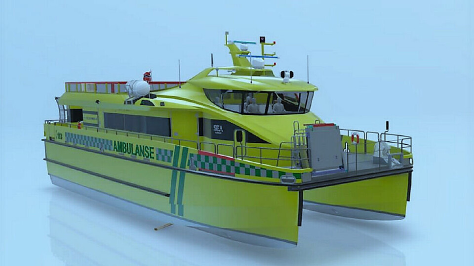 Sea Technology har designet de nye ambulansebåtene som Måløy Verft skal bygge for GulenSkyss. Illustrasjon: Sea Technology