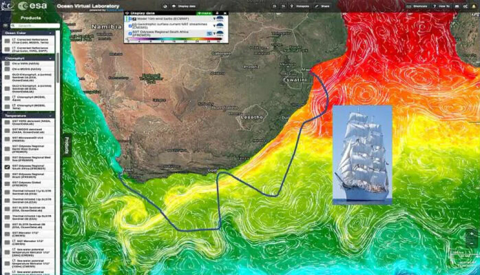 Den planlagte ruten er tegnet oppå et kart som viser Agulhas strømmen. Illustrasjon: Fra The Joint Nansen Center - ESA Advanced Ocean Synergy Training CourseClick to add image caption