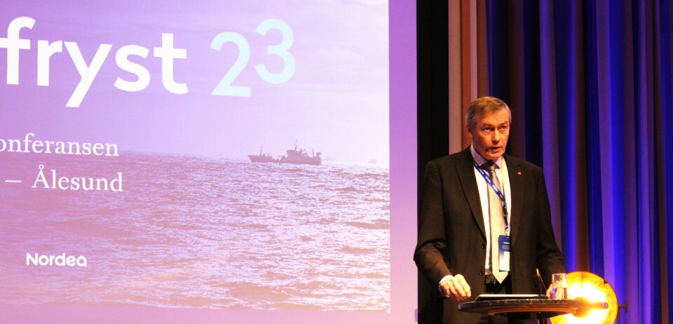 Bildet viser statssekretær i Nærings- og fiskeridepartementet, Vidar Ulriksen, under årets Ombordfryst-konferanse i Ålesund.