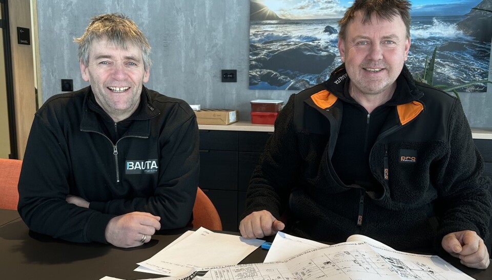 Produksjonsleiar og gründer i Bauta Maritime, John Arve Sundet og assisterande produksjonsleiar i Bauta Maritime, Øystein Krogset.