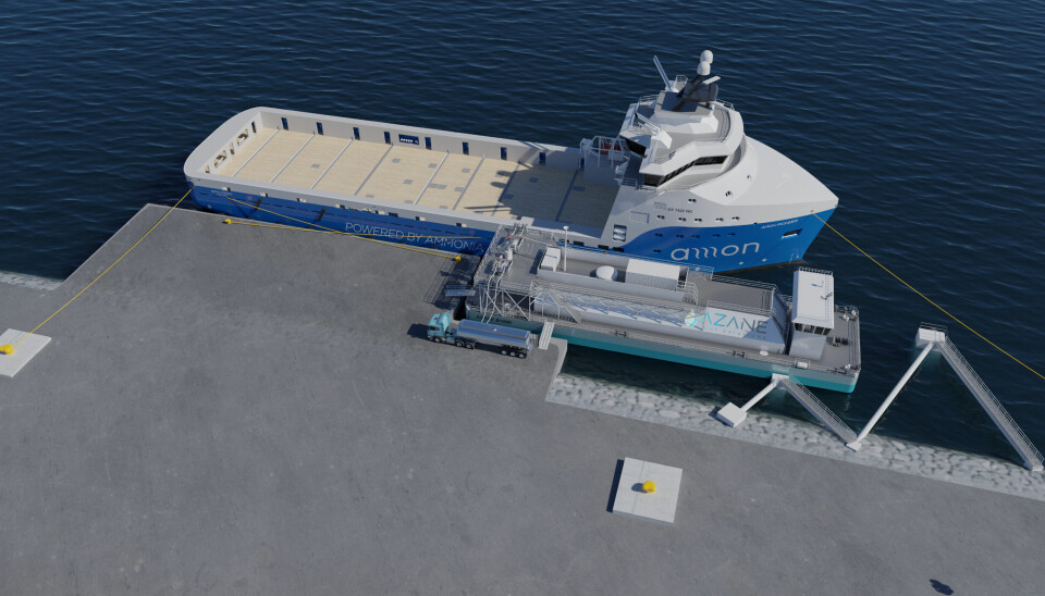 Bildet viser en ammoniakk bunkringsterminal fra Azane Fuel Solutions og en ammoniakk drevet platform supply skip (PSV) fra Amon Offshore.