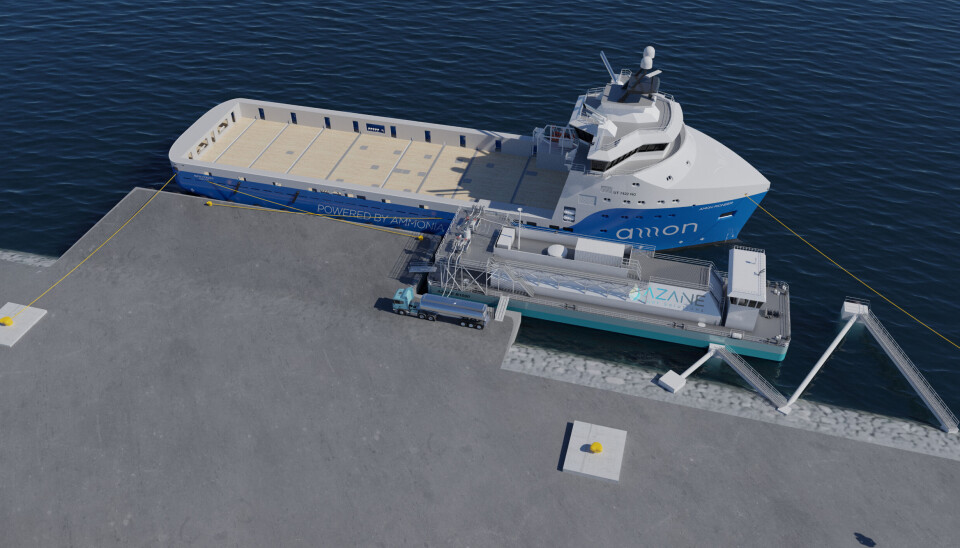 Bildet viser en ammoniakk bunkringsterminal fra Azane Fuel Solutions og en ammoniakk drevet platform supply skip (PSV) fra Amon Offshore. Bildet viser en ammoniakk bunkringsterminal fra Azane Fuel Solutions og en ammoniakk drevet platform supply skip (PSV) fra Amon Offshore.
