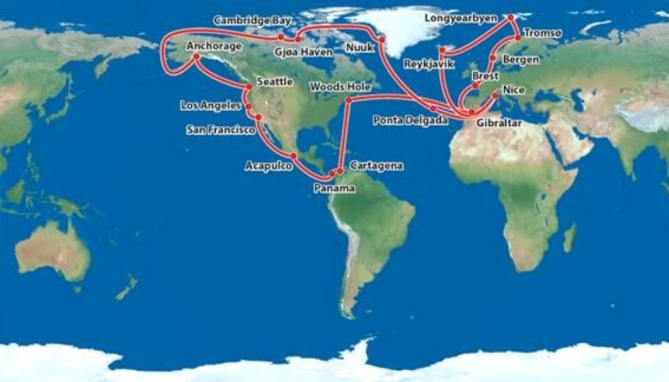 Planlagt rute for One Ocean Expedition april 2025 – april 2026. Ruten kan endres.
