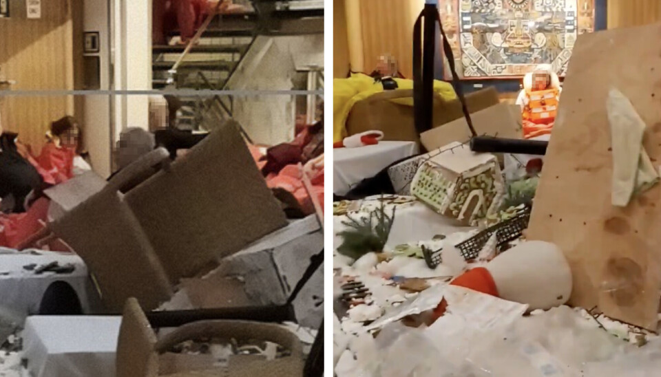 Videoer delt på X viser julepynt og pepperkakehus ligger veltet ut over. En tredemølle er kastet inn i veggen på treningsrommet og har knust speilveggen.