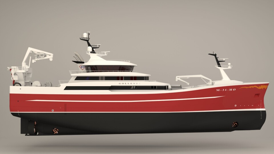 Herøy-rederiet Gollenes AS har valgt full Brunvoll pakke for fremdrift og posisjonering til sitt nybygg. Nye «Gollenes» og de øvrige nybyggene fra Karstensens er med sine moderne design flotte referanser også for Brunvoll. Illustrasjon: Karstenses Skibsværft