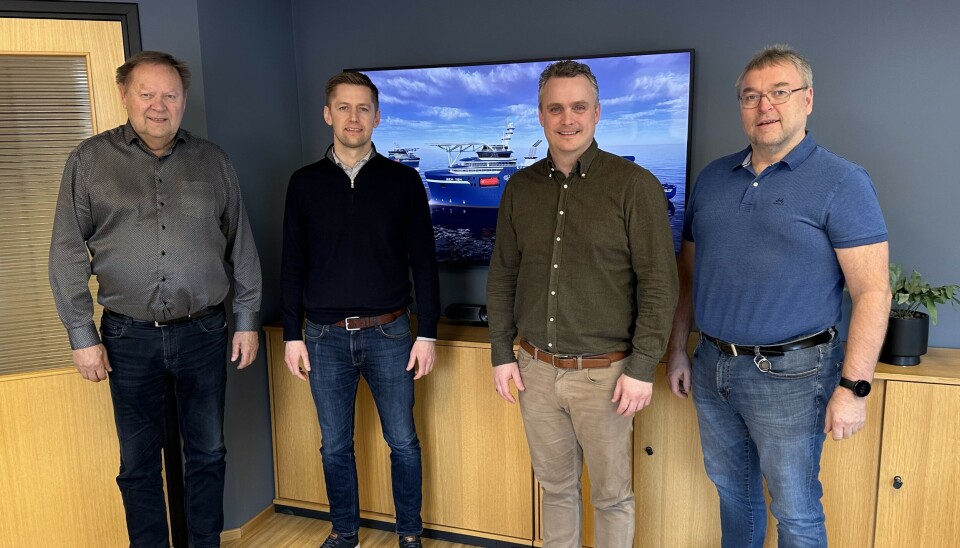 F.v Åge Remøy, Styreleder Rem Offshore, Leiv Sindre Muren, CEO Myklebust Verft, Lars Conradi Andersen, CEO Rem Offshore og Roger P. Hauge, Salgssjef Myklebust Verft