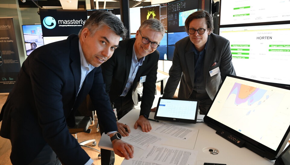 Fra venstre: Teknologidirektør i Torghatten, Jan-Egil Wagnild; CTO i Kongsberg Maritime, Bjørn Jalving; Chief Growth Officer i Massterly, Roger Trinterud.