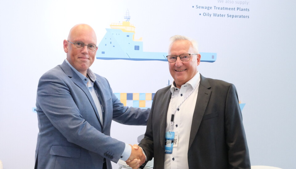 CEO i Optimarin,Tore Svanheld (t.h), sammen med Jan Dirk Simonse fra Damen Naval
