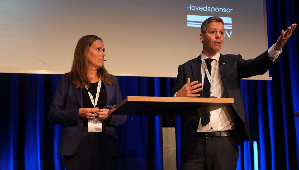 Fiskeri- og haviminister Marianne Sivertesen Næss og administrerende direktør i Rederiforbundet, Knut Aril Hareide, under Haugesundkonferansen.