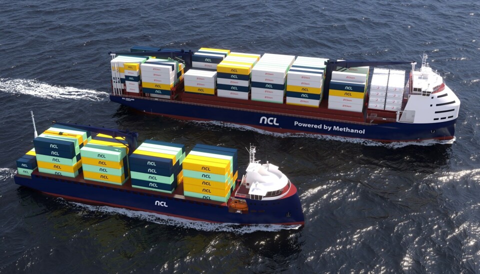 Illustrasjon av de nye containerfartøyene fra North Sea Container Line, som skal utstyres med batteridrift.