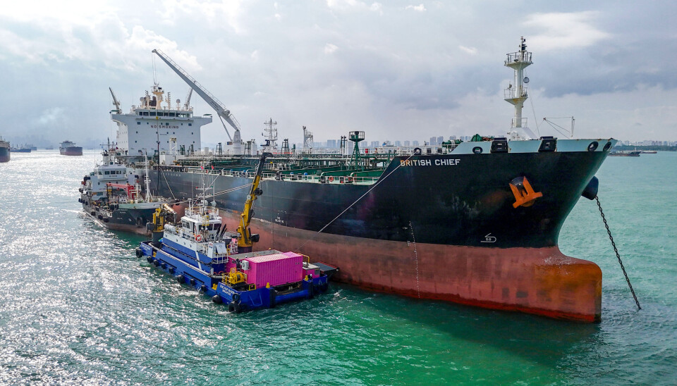 En testversjon av ECOsubseas nyeste vaskerobotteknologi, Pink Panther, vasker skroget på «British Chief» i Singapore i september 2024.