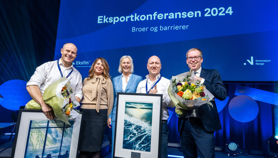 Fra fjorårets utdeling. Fra venstre: adm.dir. Matts Johansen fra Aker BioMarine, statssekretær Anne Marit Bjørnflaten, adm.dir. i Eksfin Tone Lunde Bakker, Kenneth Bodahl fra Pixii og adm.dir. Håkon Haugli i Innovasjon Norge
