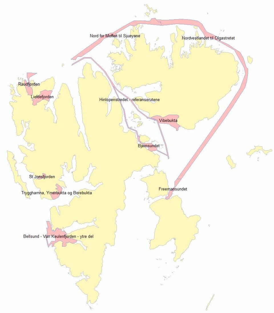 Områder på Svalbard som Kartverket har prioritert i 2022, 2024 og 2025 er merket med rødt i kartet.