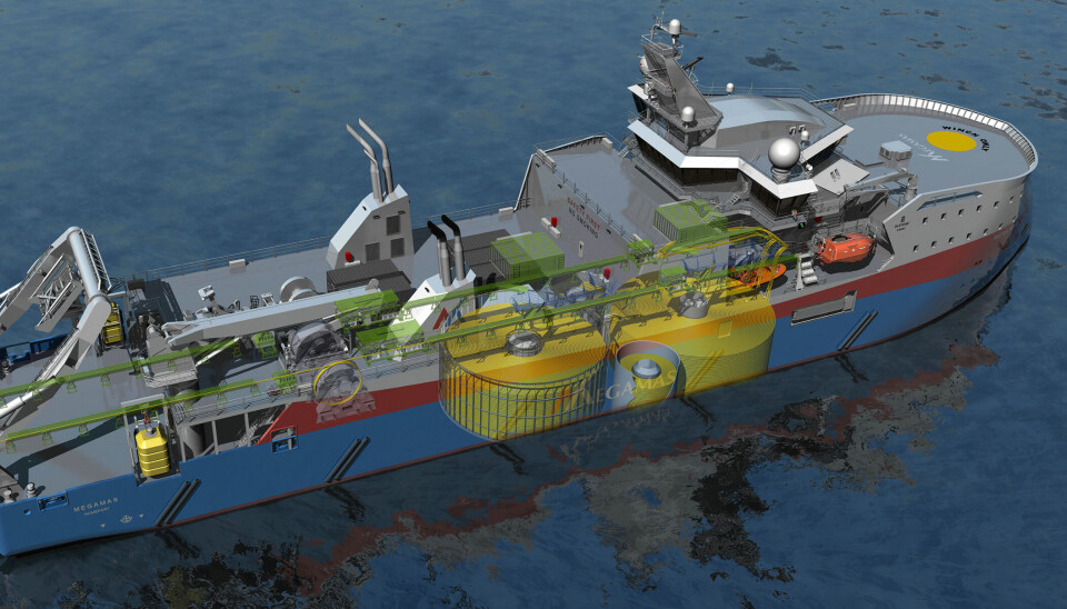 Illustrasjon: ULSTEIN SX228 kabelleggingsfartøy for Megamas Resources, utvikla av Ulstein Design & Solutions AS.