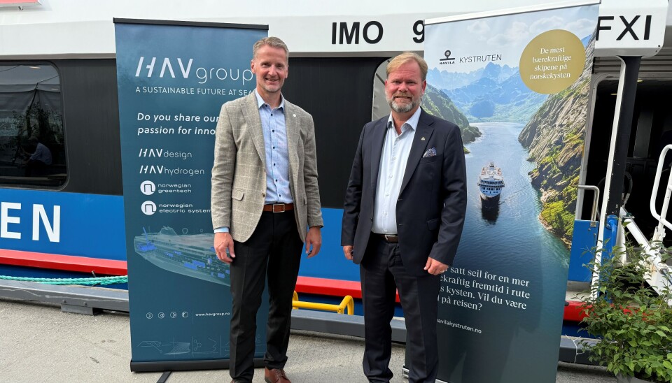 Fra venstre: Gunnar Larsen (HAV Group) og Bent Martini (Havila Kystruten) under Arendalsuka 2025.