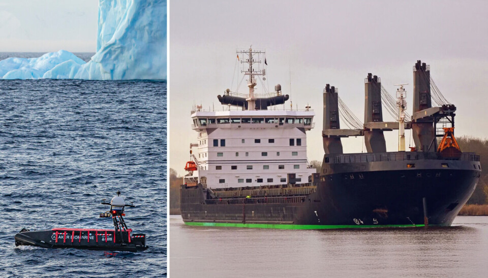 Aker QRILL Company planlegger å bruke ubemannede droner for å kartlegge krillkonsentrasjoner i Antarktis.
Til høyre: Det tidligere lasteskipet «Kallio» – nå «Antarctic Enabler».
