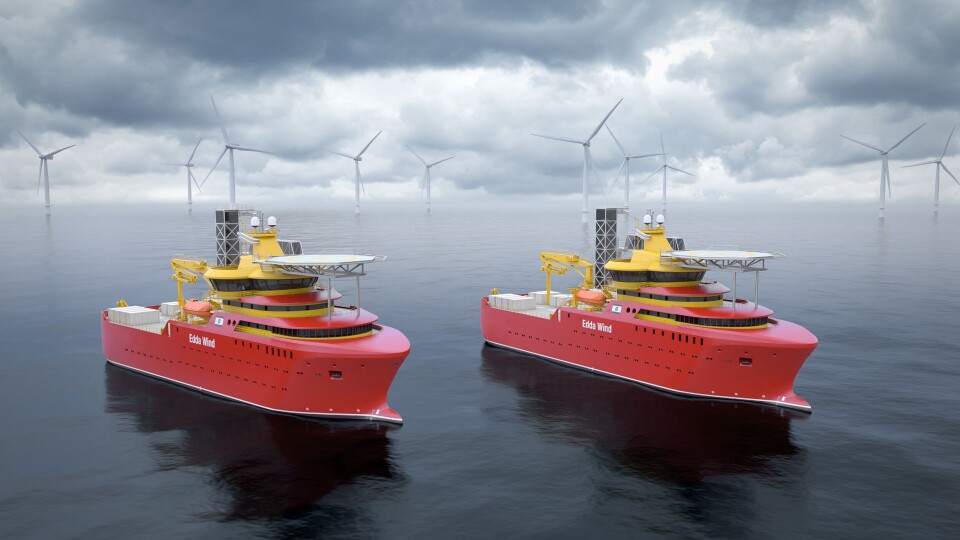Illustrasjon av to nye CSOVer som Edda Wind får bygget ved Gondan i Spania for levering i 2023 og 2024. Illustrasjon: Salt Ship Design