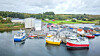 Fiskebåter i ulike farger ligger fortøyd ved kai i en liten havn.