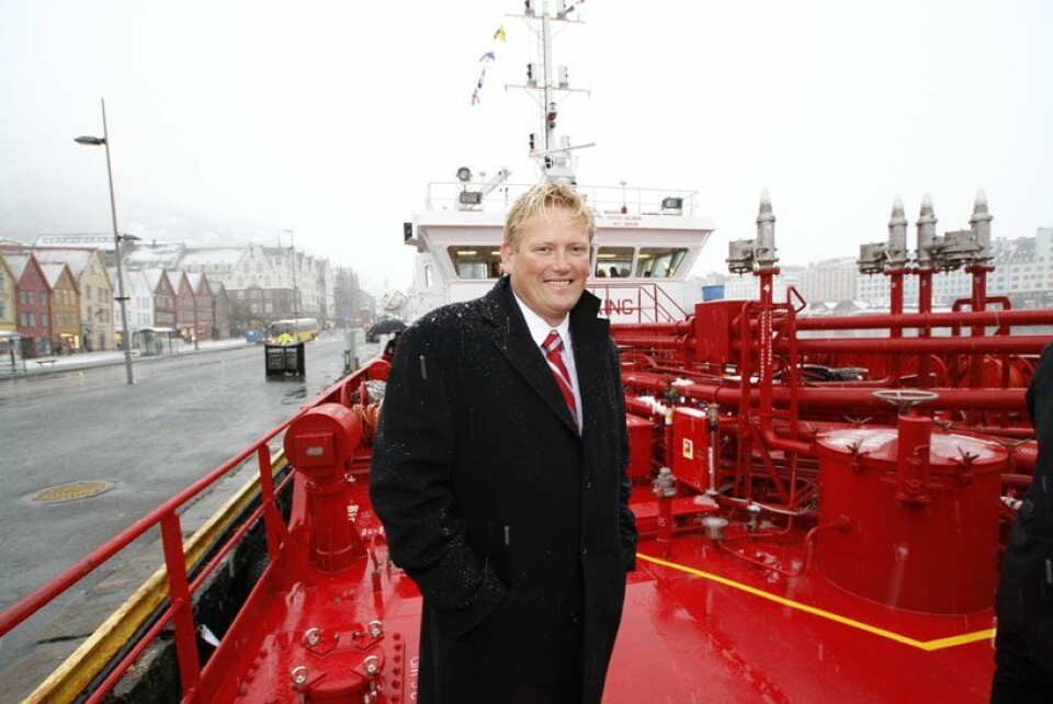 Kjell Olav Haugland ved dåpen av Bergen Tank. Foto:Morten Halvorsen/Skipsrevyen