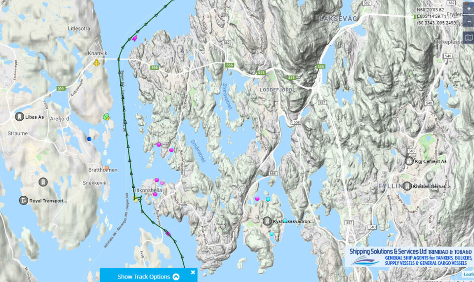 I dette området gikk «Falkberg» på grunn torsdag morgen. Skjermdump: Marine Traffic.