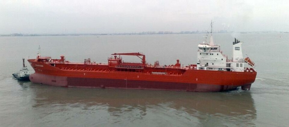 «Stavfjord»: Dette nye produkttankskipet til rederiet OH Meling kan laste 19.000 kubikkmeter raffinert olje og skal drives av DSD Shipping i Stavanger. (Foto: OH Meling)