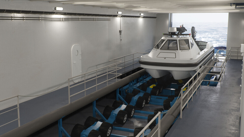 Palfinger og Atlas Elektronik har funnet en ny og sikker løsning på utfordringene med å sjøsette og tilbakeføre USVer. Illustrasjon: Palfinger