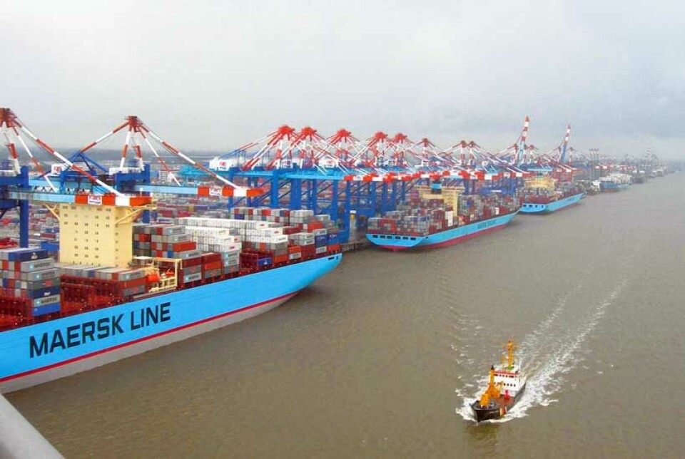 Fire Maersk Line skip i Bremerhaven: “Ebba Maersk”, “Gudrun Maersk”, “Maersk Seoul” og “Lars Maersk”. Foto:Maersk Line