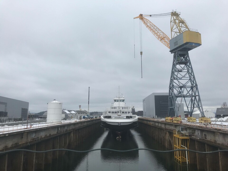 Det nyeste skipet til Torghatten måtte i dokk etter grunnstøting. Foto: Sigbjørn Larsen.