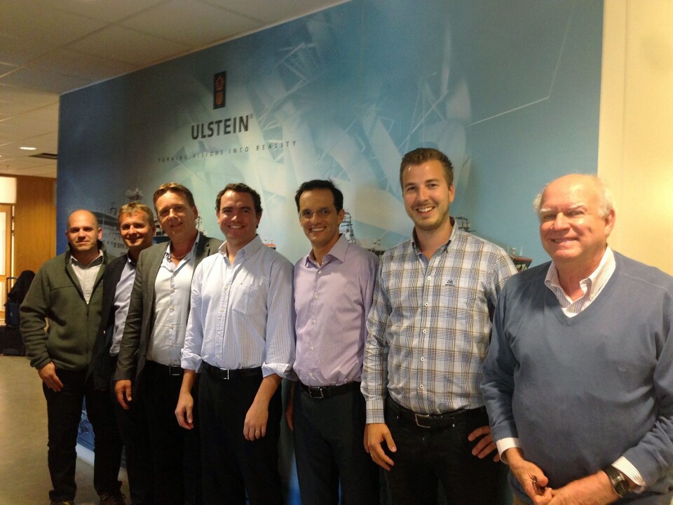 Her er partane etter at kontrakten vart signert, frå venstre Alexandre Fernandes (engineeringssjef, Aliança), Trond Gundersby (kontraktssjef, ULSTEIN), Lars Ståle Skoge (sals- og marknadssjef, ULSTEIN), Luis Padilha (teknisk sjef, CBO), Marcelo Jorge Martins (direktør, Aliança), Kim Lillebø (salssjef for Brasil, ULSTEIN), og Alfredo Naslausky (direktør, CBO).