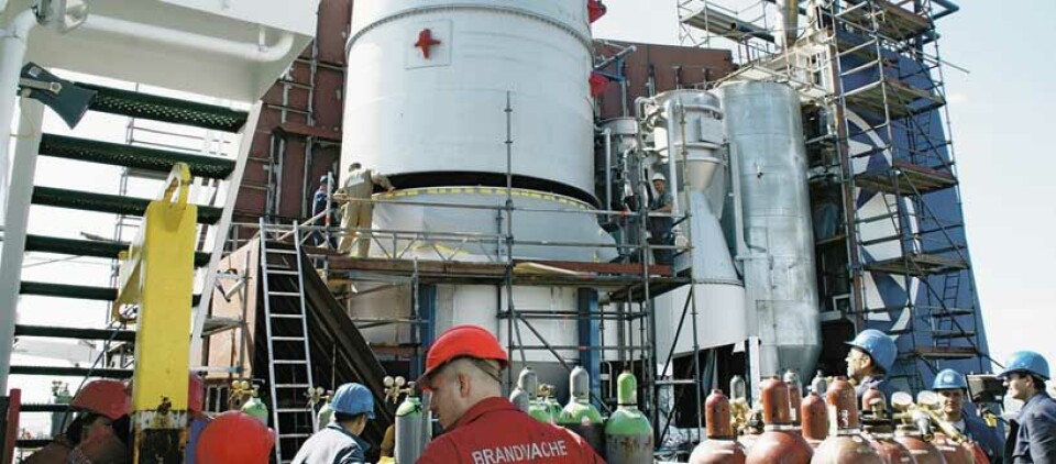 Installation of an exhaust gas scrubber aboard a DFDS ferry in Bremerhaven, Germany.