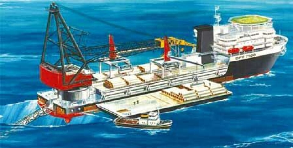 The new CNOOC deepwater pipelaying and crane vessel loading pipes from a barge.