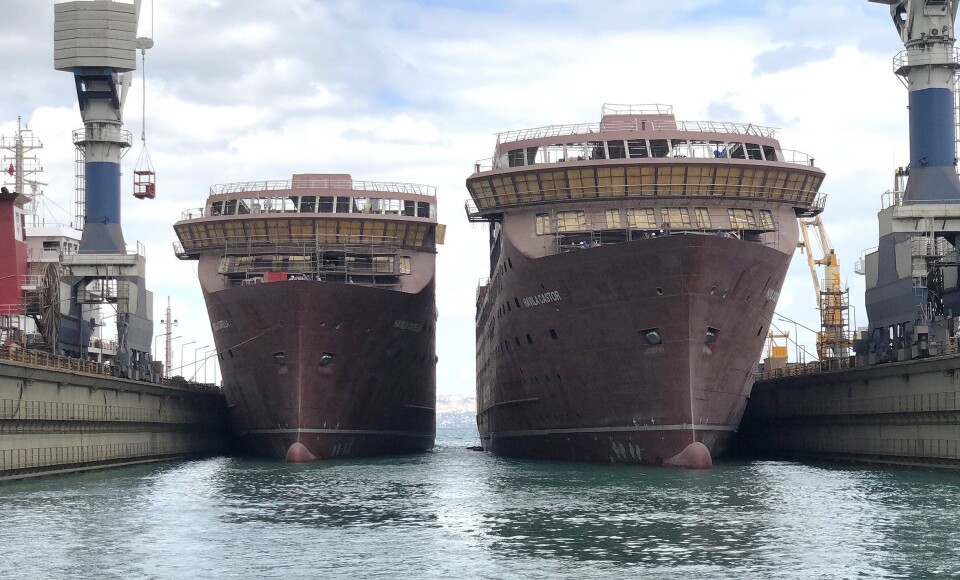 Kystruteskipene «Havila Castor» og «Havila Capella» ble sjøsatt ved Tersan-verftet i Tyrkia lørdag. Foto: Havila