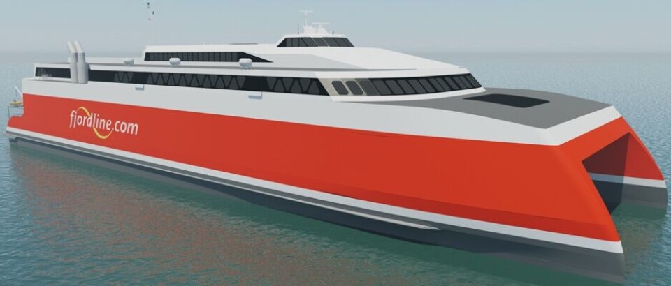 ed den nye katamaranen dobler Fjord Line kapasiteten på den raskeste veien mellom Norge og Danmark, samtidig som reisetiden på 2 timer og 15 minutter forblir uforandret. Illustrasjon: Fjord Line