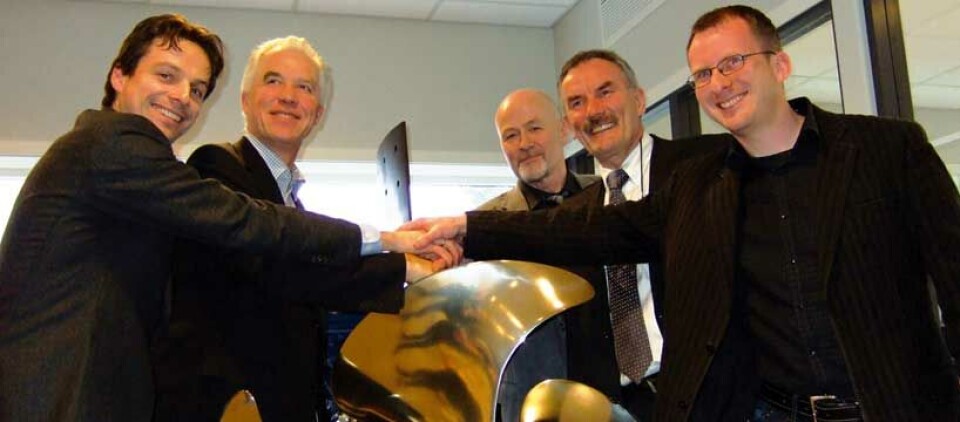 Styreleder Thorolf Hestness i Rhea Capital Management (f.v.), administrerende direktør Per Kristian Knutsen, administrerende direktør Magne Møklebust i Servogear AS, Rolf Haldorsen (Haldorsen Holding AS) og Arnfinn Matre (Arnfinn AS).