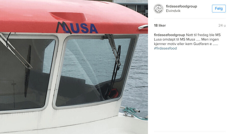 Båten til oppdrettselskapet Firda ble omdøpt fra Lusa til Musa i juni 2016. Foto: Faksimile fra Instagramkontoen til Firda Seafood.