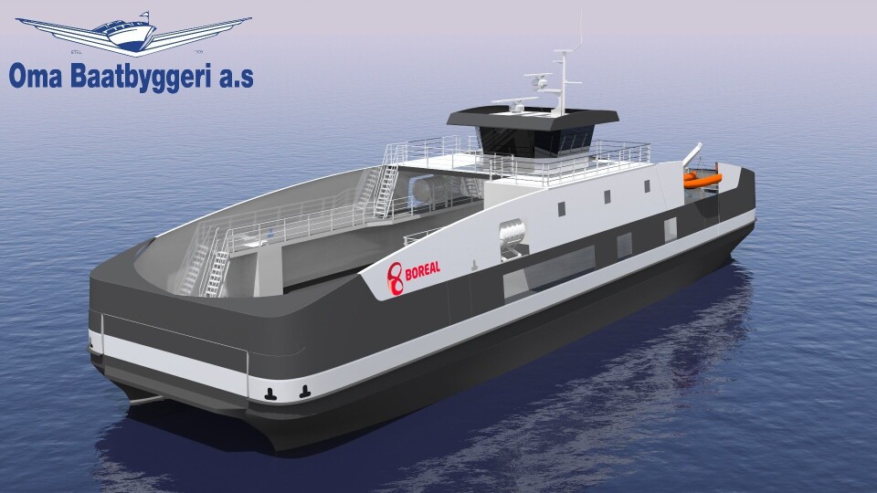 Boreal og Oma Baatbyggeri på Stord har undertegnet en avtale om bygging av ny elektrisk ferge. Fergen som skal ha katamaranskrog skal bygges av Oma Baatbyggeri på Stord, og settes i drift i Hordaland 1. januar 2020. Foto: Oma Baatbyggeri