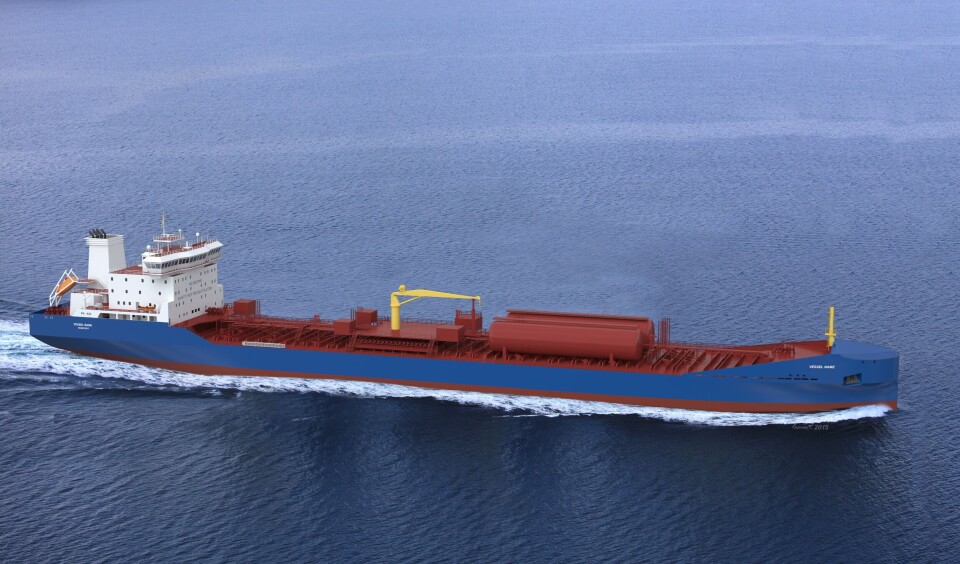 PK 620 - Blue Line yutviklet 35.000 tDW Produkttanker med 20% lavere drivstoff forbruk enn tradisjonelle fartøy. Valgfritt Dual Fuel LNG eller HFO. Illustrasjon: Polarkonsult As/GunnarF AS