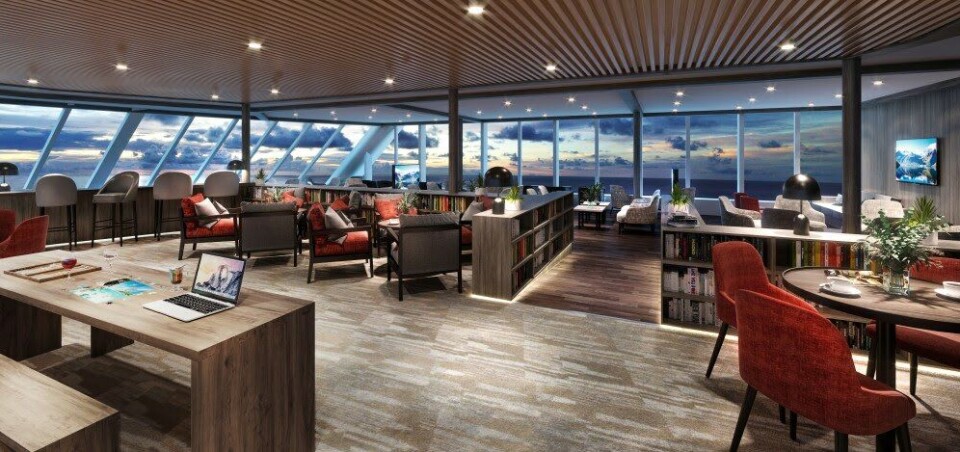 Alle fellesomårdene på alle de tre skipene blir fullstendig oppgradert til en helt ny standard. Her er nye Explorer Lounge på MS «Maud» og MS «Eirik Raude». Foto: Hurtigruten
