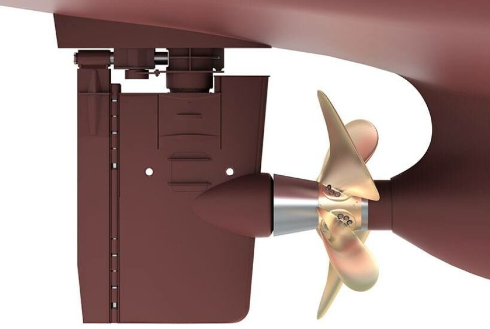 3D illustrasjon ©Rolls-Royce: Promas Lite fra Rolls-Royce kombinerer propell og ror i en enhet - som øker propelleffektiviteten og reduserer drivstofforbruket.