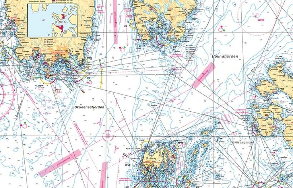 Rundkjøringen i Skudenesfjorden utgjør et område på 450 meter i diameter. Rundkjøringen er ikke en fysisk etablert infrastruktur, men blir merket i offisielle sjøkart. Kart: Kartverket.