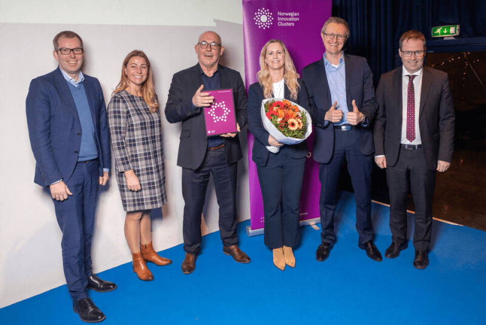 F.v: Håkon Haugli (leder Innovasjon Norge), Jannicke Andreassen (statsekretær i nærings og fiskeridepartementet), Stein Kvalsund (daglig leder i Ocean Hyway Cluster), Kristin Svardal (Innovation Manager i Ocean Hyway Cluster), Ulf Eriksen (VP Hydrogen i Statkraft) og Bjørn Arild Gram (kommunal og distriktsminister) Foto: Tom Hansen/Innovasjon Norge