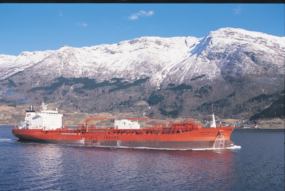 Odfjells kjemikalietanker «Bow Fortune» kolliderte med en fiskebåt tirsdag. Foto: Odfjell