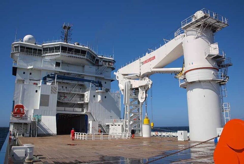 En 400-tonns MacGregor subsea-kran om bord på North Sea Shippings North Sea Giant har et tilsvarende design med hoved-AHC-vinsjen montert under dekk.